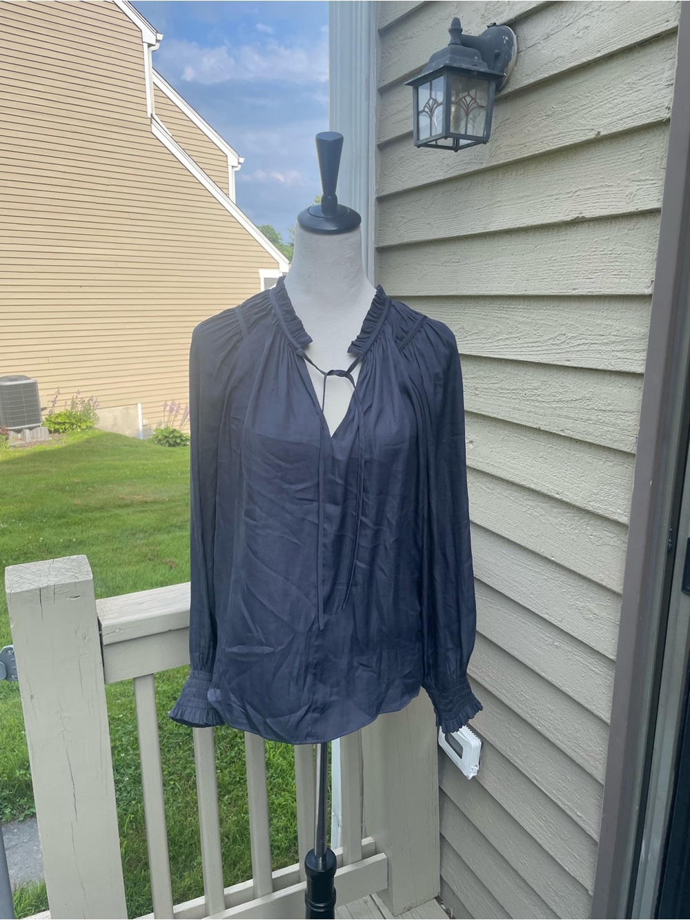LOFT Navy Long-Sleeve Ruffled Tie-Neck Blouse